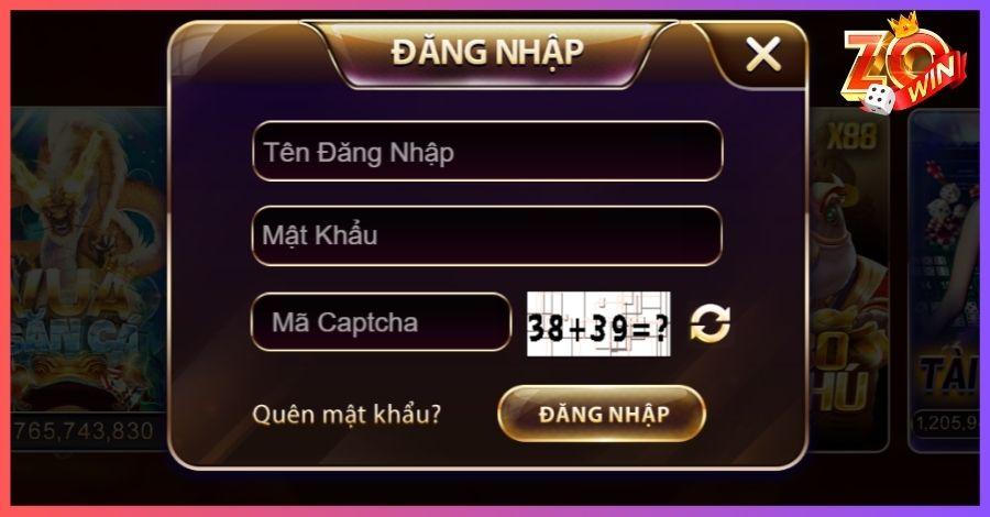 Biểu mẫu đăng nhập tài khoản tại cổng game Zowin