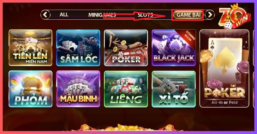 Chọn vào danh mục Game Bài trên trang chủ Zowin chính thức 