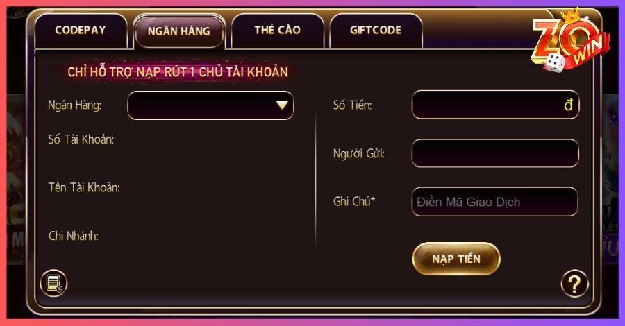 Thực hiện nạp tiền bằng phương thức chuyển khoản ngân hàng