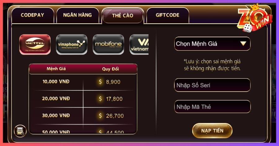 Thực hiện nạp tiền trên trang web bằng thẻ cào 